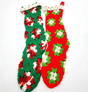 Vintage Hand Crocheted Red White Green Granny Square Christmas Stocking - Picture 1 of 5