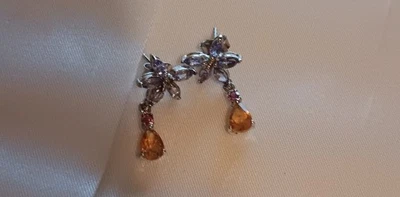 925 Sterling Silver Earrings Pear Citrine 7x5mm Tanzanite Gemstone Jewelry - Image 1 of 3