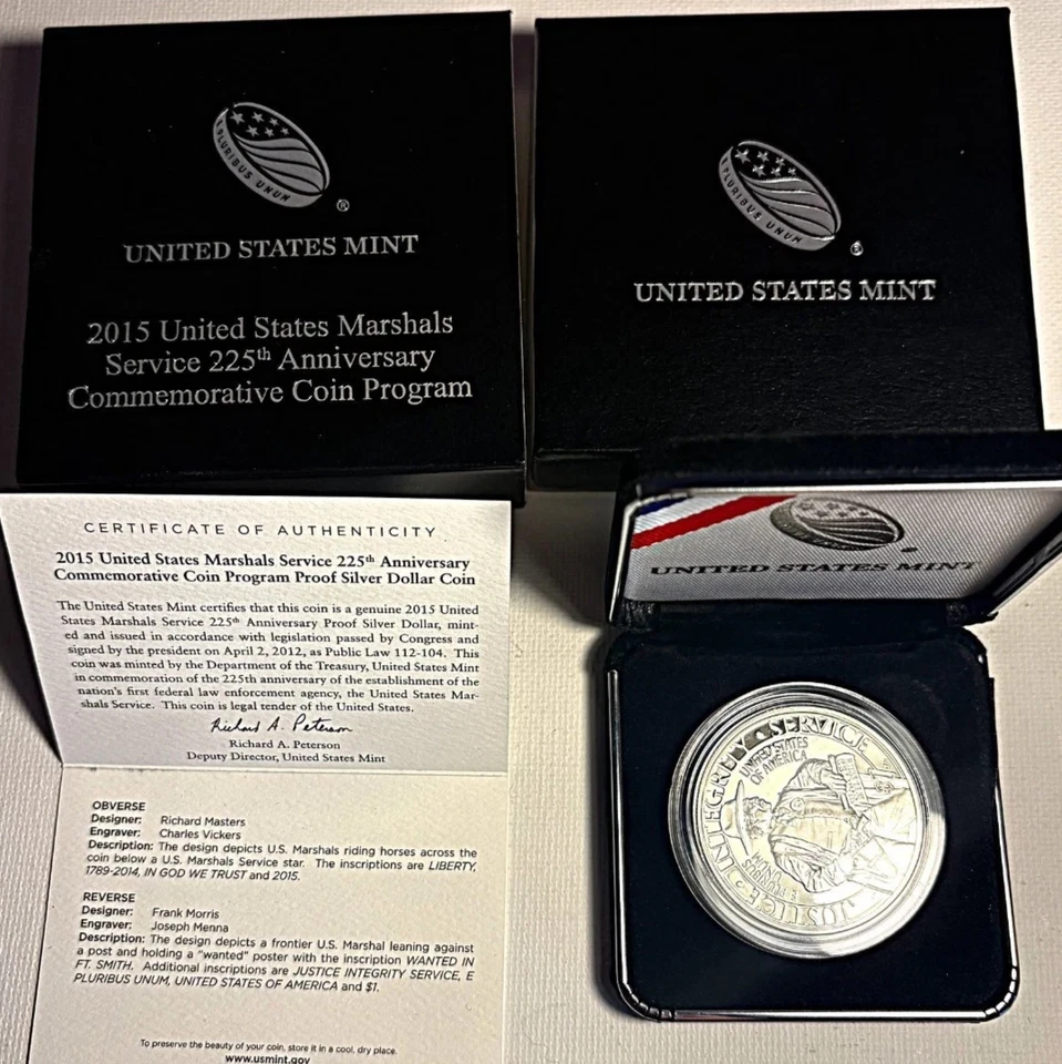 2015 $1 Proof US Marshals Service Commemorative Silver Dollar OGP BOX COA - Image 1 of 1