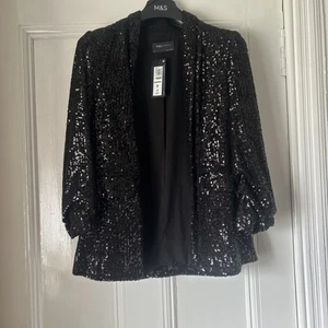 M&S Paillettenjacke Größe 8 schwarz geraffte Ärmel neu mit Etikett - Bild 1 von 5
