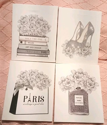 Juego de 4 pinturas de arte de pared de moda gris glamour blanco, enmarcado para mujer niña Foto 1 de 4