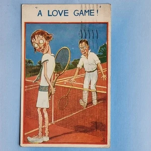 Comic Postcard 1928 Tennis Match Rackets Baggy Stockings A Love Game E.M.T.K. - Picture 1 of 2