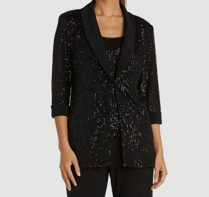 R&M Richards Women's Black Sequin 3/4-Sleeve Shawl-Collar Jacket Size-8 - Image 1 of 1