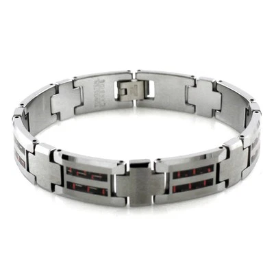 Tungsten Carbide Double Row Red Carbon Fiber Inlay Men's Biker Bracelet 8.5" - Image 1 of 4