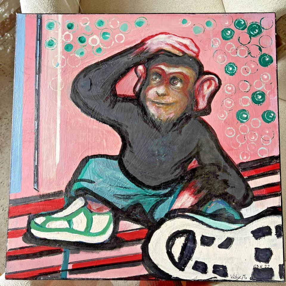 Pop Surrealism Original Acrylic Painting Monkey in Sneakers by Victor M • 20x20 - Image 1 of 4