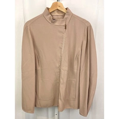 PIAZZA SEMPIONE Italy Jacket Blazer Asymmetric Zip Leather Trim Taupe Pink 48 12 - Image 1 of 4