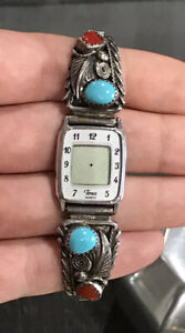 Vintage Signed 1988 Sterling Silver 925 Coral Turquoise Navajo Watch Stretch*