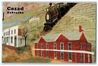 c1960 peinture murale de scène historique arbre train Cozad Nebraska NE carte postale non postée