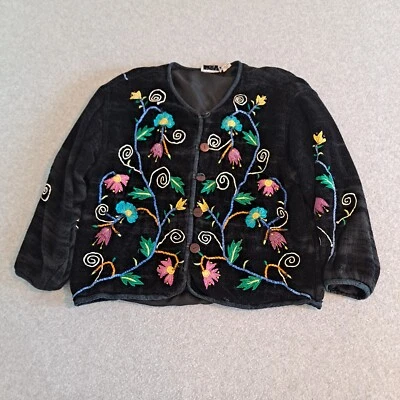 Cárdigan Vintage Studio Plus Mujer 3X Terciopelo Negro Bordado Flor Artístico Boho Foto 1 de 4