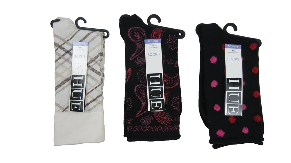 Hue Women's 3 Pairs Black Pink Paisley, Black Pink Fuzzy Dots Ivory Plaid OS NWT - Image 1 of 1