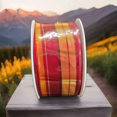 Mustard/ Gold & Red Stripe Wired  Acetate ribbon 2" By 25M/82FT made in France - Image 1 of 4