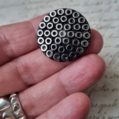 ANTIQUE Glass Black Round Silver 25mm NAPOLEON III 1880 VICTORIAN BUTTON BUTTON - Image 1 of 4