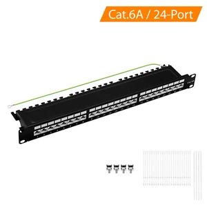Patchpanel Patchfeld Cat. 6A 19 Zoll 24-Port RJ45 geschirmt Rackeinbau 1HE Black - Afbeelding 1 van 11