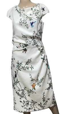 Monique Lhuillier White Jacquard Bird Print Ruched Sheath Midi Dress Size US 12 - Image 1 of 4
