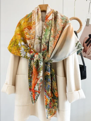 70% Cashmere 30% Silk Wrap Scarf garden Print Double Face Print Shawl 135X135cm - Image 1 of 4