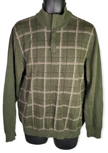 Tasso Elba Mens Medium Grandpa Sweater Green Plaid Zip Neck Cotton Blend - Picture 1 of 3