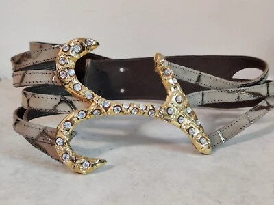 Cinturón Leo Isba de Diseñador Vintage Hebilla de Metal Dorado Estrás Gamuza Años 80 Francia Foto 1 de 4