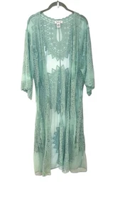 Spolverino kimono Rachel Zoe taglia unica pizzo ricamato boho copricostume trasparente spiaggia verde acqua - Foto 1 di 6