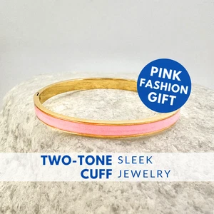 Two Tone Pink Stainless Steel Cuff Bracelet Modern Layering Jewelry Gift - Picture 1 of 5
