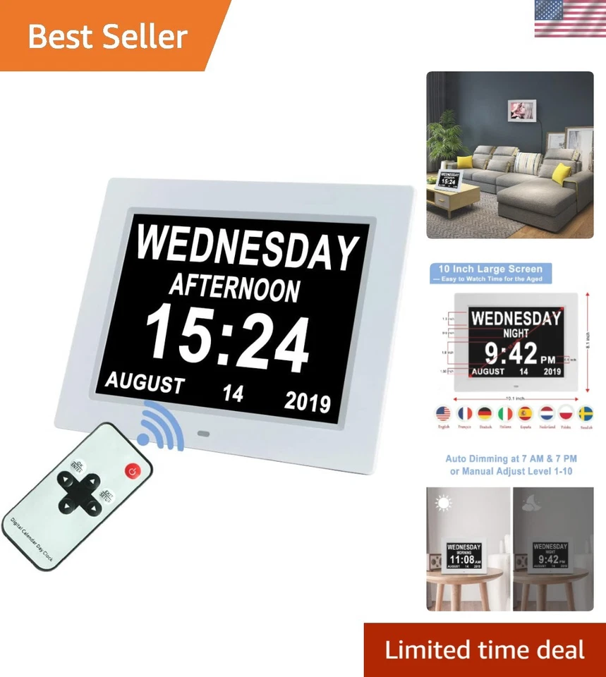 Upgraded 10 Inch] Digital Day Calendar Clock Auto-Diming & 8 Alarms Options E... - Image 1 of 4