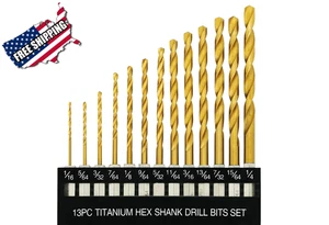 13PCS Titanium HSS Twist Drill Bit Set Hex Shank 1/16"-1/4" with Case - Picture 1 of 6