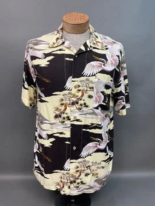 Camicia vintage anni 80 retrò, 100% rayon hawaiana aloha surf tiki gru bianche - Foto 1 di 13
