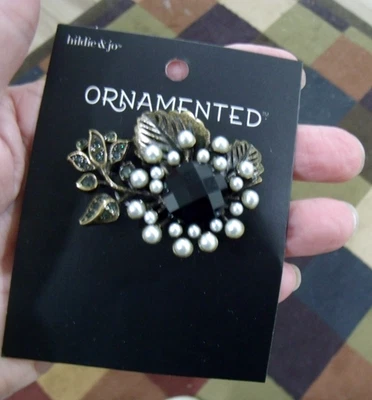 Hildie & Jo Ornamented Pin large black stone center with faux pearls rhinestones - Image 1 of 2