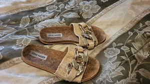 Steve Madden Womens Sandal Sz 7M Wicker Gold Chain Cork Rubber Sole - Picture 1 of 24