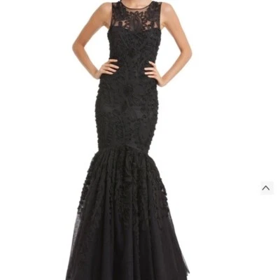 JS Collections Black Chiffon Soutache Mermaid Gown w Sheer Top, V back, Size 4 - Image 1 of 4