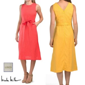 Neu mit Etikett Nicole Miller Midi-Kleid Leinen V-Rücken Taillenpassform & Flare Größe: 8,10,12 - Bild 1 von 7