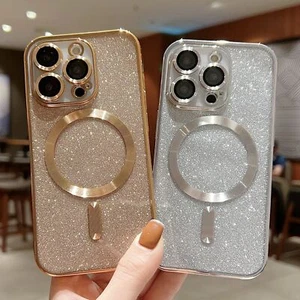 Custodia TPU magnetica per iPhone 16 Pro Max 15 Plus 14 13 12 MagSafe placcatura glitter - Foto 1 di 33