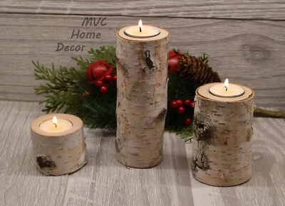 Set of 3 Natural Birch Wood Tea Light Candle Holders - Image 1 of 2