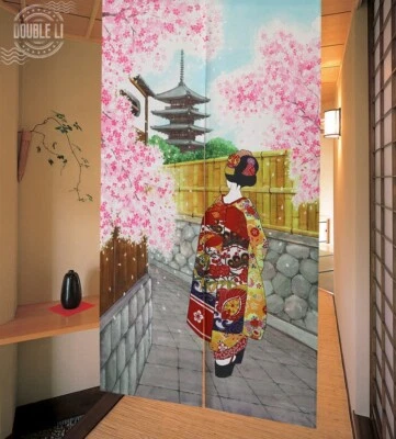 JAPANESE Noren Door Curtain Interior Divider Doorway Tapestry sakura Maiko Print - Image 1 of 4