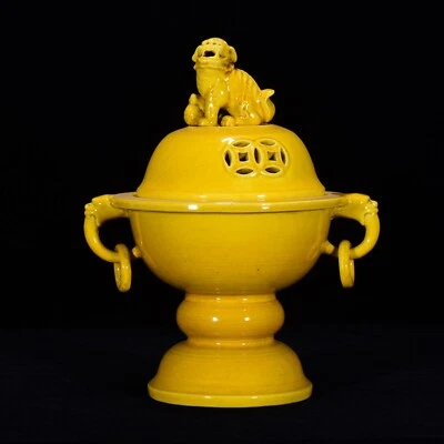 Quemador de incienso ahuecado porcelana esmalte amarillo dinastía Qing antigua china de 9,8" Foto 1 de 4