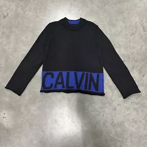 Calvin Klein Cotton Sweater Medium Black Blue Big Logo Jeans Acrylic - Picture 1 of 16