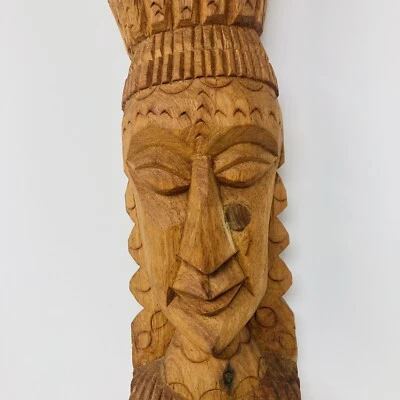 "Antigua estatuilla de madera tallada a mano de dios Tiki tribal (masculino) tallada 19"" original" Foto 1 de 4