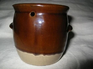 STONEWARE MINI CROCK JAR BROWN DRIP & TAN, HANDLES, NO LID, MADE IN KOREA VGC - Picture 1 of 6