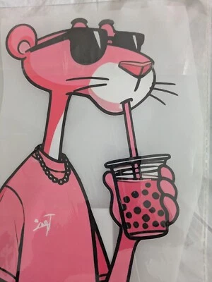 BÜGELBILD "Pink Panther drinks Shake"  DTF Folie ca. 30 x 18 cm - Bild 1 von 4