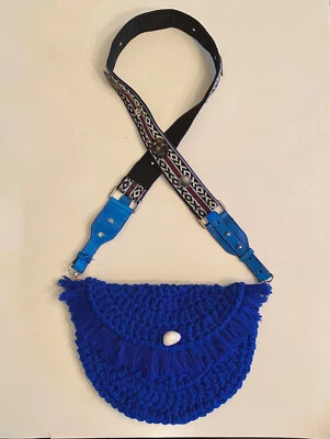 New Free People Crocheted Shoulder Bag Blue Adjustable Strap Sling Boho $98 - Image 1 of 4