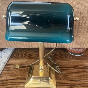 Vintage türkis grün Glas Messing Smaragd Banker Lampe Mid Century Modern Bibliothek - Bild 1 von 18