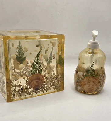 Vntg Mcm Lucite Shell Tissue Holder & Soap Dispenser Set Of 2 - Image 1 of 4