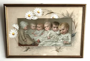 Antigua impresión enmarcada Ida Waugh "The Prize Babies" mini yarda larga linda alfombra única - Imagen 1 de 14