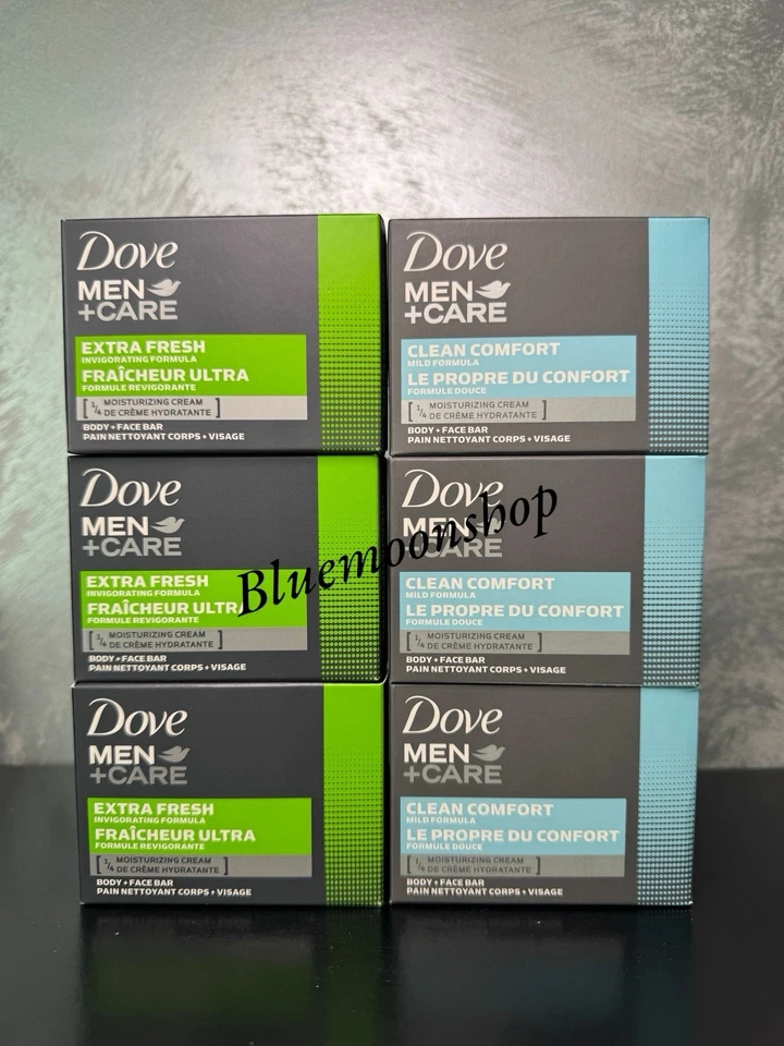 3 Bars Dove Men+ Care Clean Comfort Soap Body + Face Bar & 3 Bars Extra Fresh