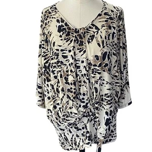 Clara SunWoo Brown/Tan Round Neck Leaf Print Stretch Tie Front Top Sz Petite Med - Picture 1 of 9