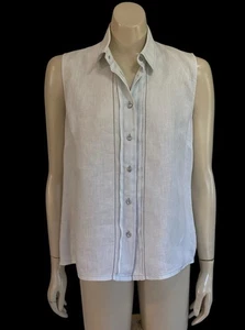 Blusa de lino B.S.D talla 14 sin mangas pintuck cosida botón frontal tono azul crema - Imagen 1 de 10