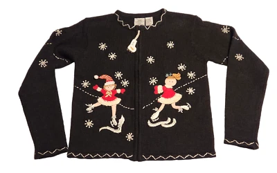 Tiara Girls Zip Up Cardigan Sweater Black w/ Applique Skaters Beading Size 12/14 - Image 1 of 4