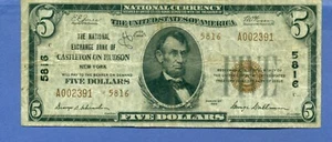 1929 The National Exchange Bank of CASTLETON ON HUDSON, NY $5 Bill - Picture 1 of 2