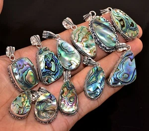 100 PCs. Natural Abalone Shell Gemstone 925 Silver Plated Pendants Wholesale Lot - Picture 1 of 3