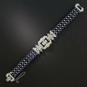 Art Deco 925 Solid Silver Royal Blue Sapphire 73.18CTW & White CZ Bead Bracelet - Picture 1 of 6