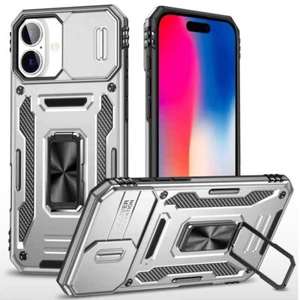 iPhone 16 6.1 inch Metal Ring Movable Camera Window Hybrid Silver Case Cover - Picture 1 of 3